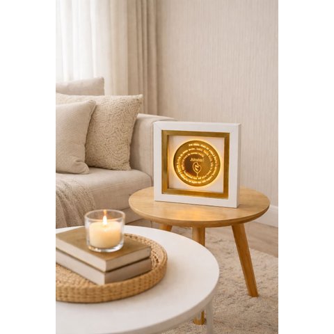Quadro Decorativo Oração Ave Maria 28x28cm Led Moldura Branca Dourada Vidro