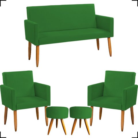Kit Namoradeira Decorativa + 2 Poltronas Para Sala Reforçadas + 2 Puff Redondo Suede Verde