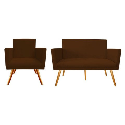 Kit Namoradeira + 1 Poltrona Decorativa Nina Suede Marrom Pés Madeira Ms Decor