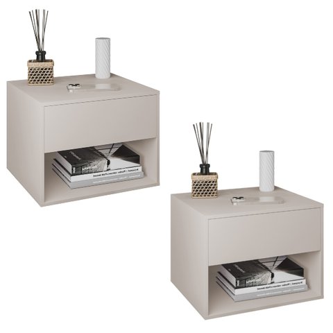 Kit 2 Mesas de Cabeceira Suspensa de Fixar na Parede 1 Gaveta e Nicho- Off White - Lh Móveis
