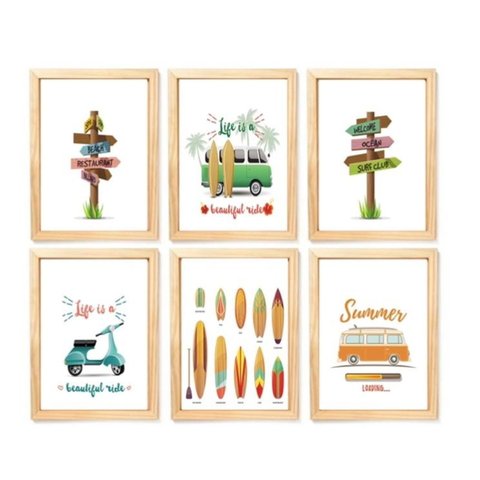 Quadro Infantil Surf 6 un A4 vidro e pendurador
