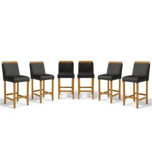 Kit com 6 Banquetas Eloá Madeira Maciça Assento Estofado para Bancada Courino Preto 503