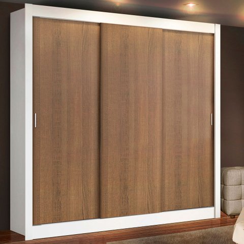 Guarda-Roupa Casal Madesa Lyon 3 Portas de Correr 2 Gavetas Branco/Rustic Cor:Branco/Rustic