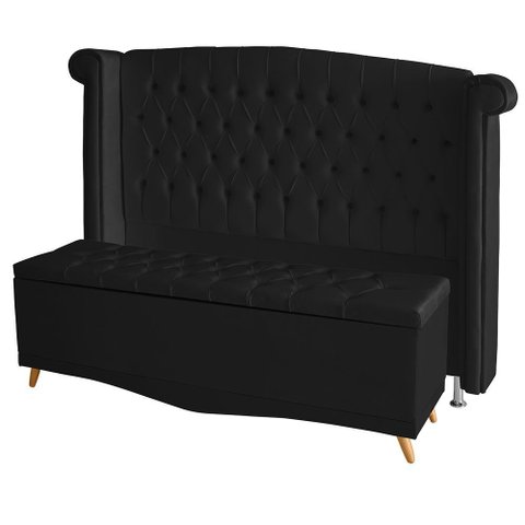 Kit Cabeceira de Cama Box e Calçadeira Baú Malibu King 195 Cm Suede Preto do Lar Móveis