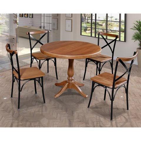 Mesa Jantar Madeira Maciça Redonda 1m Madalena Rústica com 4 Cadeiras Paris Base Alumínio Castanho