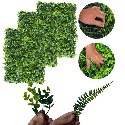 3 Placas Muro Inglês Artificial Samambaia Eucalipto 60x40 Painel Verde Volumoso Folhagem Permanente