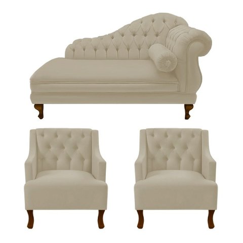 Recamier Larissa 150 cm e 2 Poltronas Genesis Suede Bege