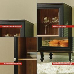 Cristaleira 1 Porta Vidro Pés Madeira 151x40 Cm E963 Preto Dtall Preto - 4