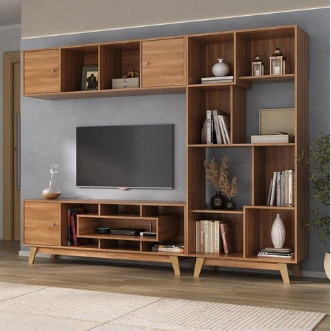 Estante Home para Tv até 65 Polegadas 181cmx235,5cm com 3 Portas Vision Yescasa Marrom Nogal