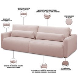 Sofá Retrátil Reclinável para Sala de Estar Living 210cm Sevilha F04 Veludo Rosê - Lyam Decor - 4