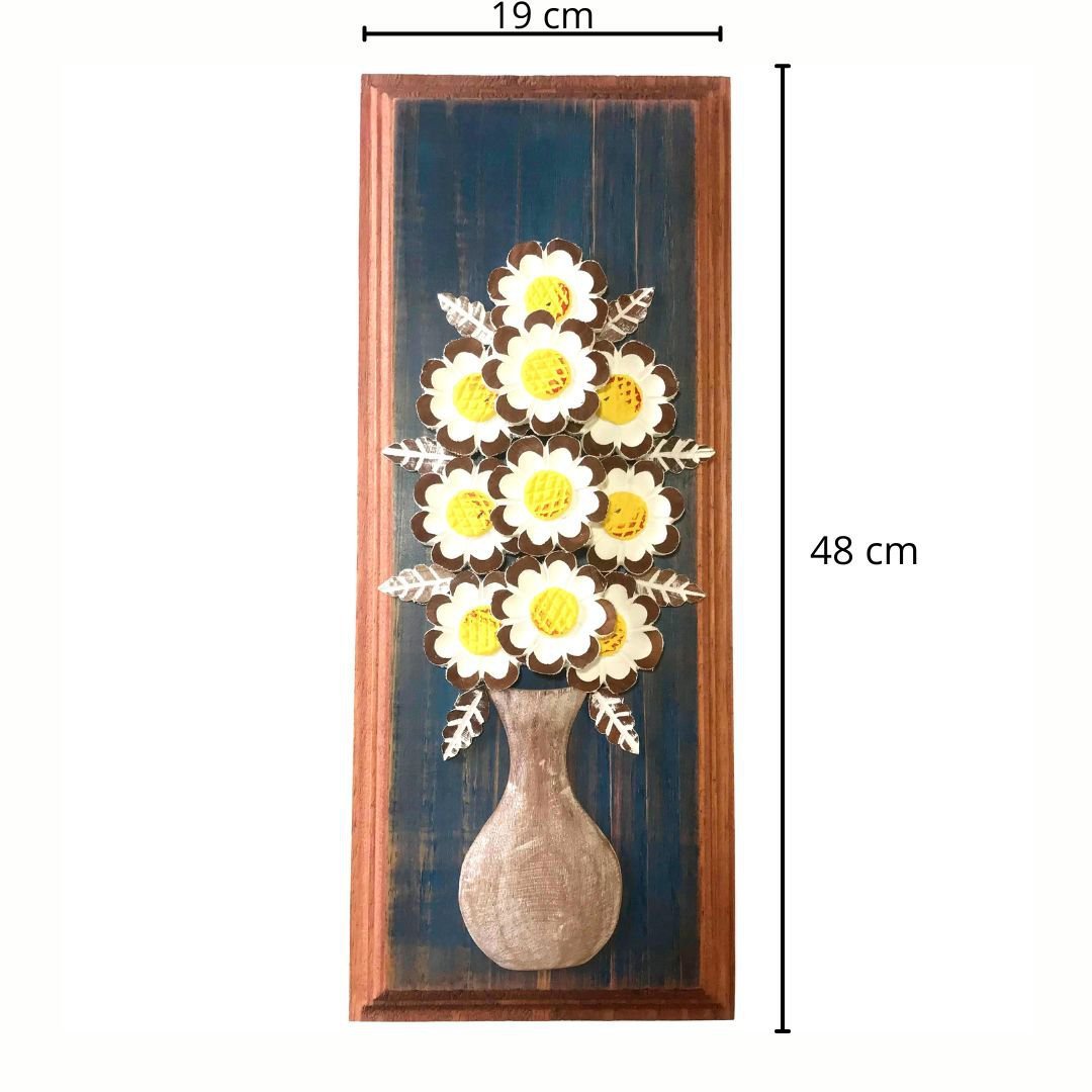 Quadro Vaso de Flor Talhado em Madeira Pintado à Mão 19x49 cm - 2