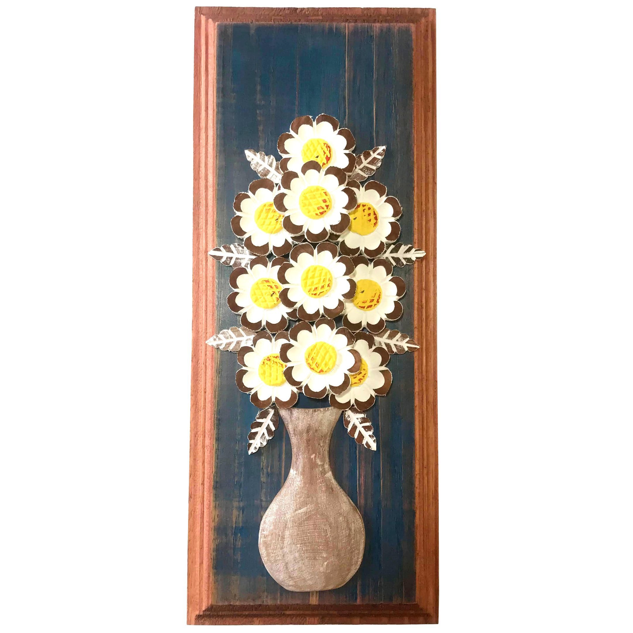 Quadro Vaso de Flor Talhado em Madeira Pintado à Mão 19x49 cm - 1