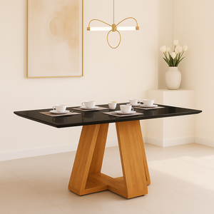 Mesa Retangular de Jantar com Tampo de Vidro para Sala de Estar e Cozinha:preto