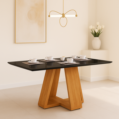 Mesa Retangular de Jantar com Tampo de Vidro para Sala de Estar e Cozinha:preto