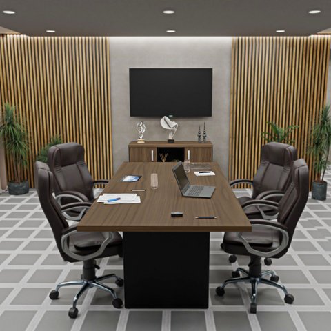 Conjunto Escritório Mesa Reunião Armário Credenza Escritório Office Netmobil - Nogal/preto