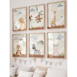 Kit 6 Quadros Decorativos Infantil Animais Safari No3 - 1