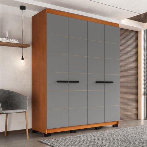 Roupeiro Solteiro Lisboa 4 Portas 4 Gavetas 161x214cm Freijó/Cinza 240842
