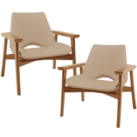 Kit 02 Poltronas Decorativa para Sala de Estar Living Base Madeira Becker L02 Linho Bege Escuro - Ly
