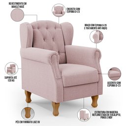 Poltrona Decorativa para Sala de Estar Yara P02 Bouclê Rosê - Lyam Decor - 4