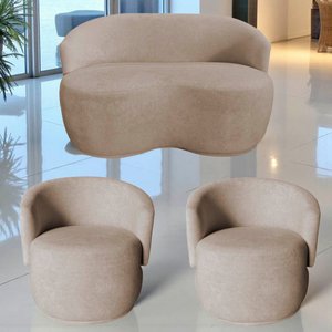 Kit Namoradeira + 2 Poltronas Decorativa Beatriz Orgânica Suede Bege