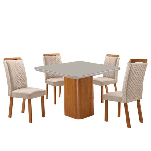Mesa de Jantar Eloise 90cm Tampo MDF Vidro Canto Copo com 4 Cadeiras Lorena