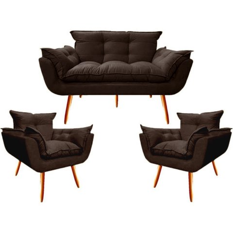 Kit Namoradeira + 2 Poltronas Decorativa Opala Suede Marrom - Twdecora