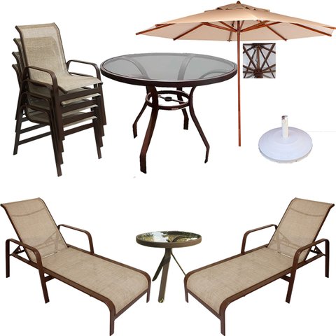 Kit Móveis para Piscina e Jardim Alumínio Tela Sling - 1 Mesa + 4 Poltronas + 1 Ombrelone + 2 Espreg