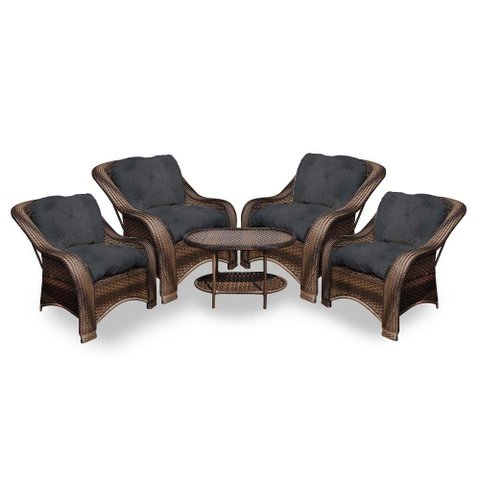 Conjunto de Poltronas Fibra Sintética Melo - 4 Poltronas + 1 Mesa Centro - Tecido Duna Preto