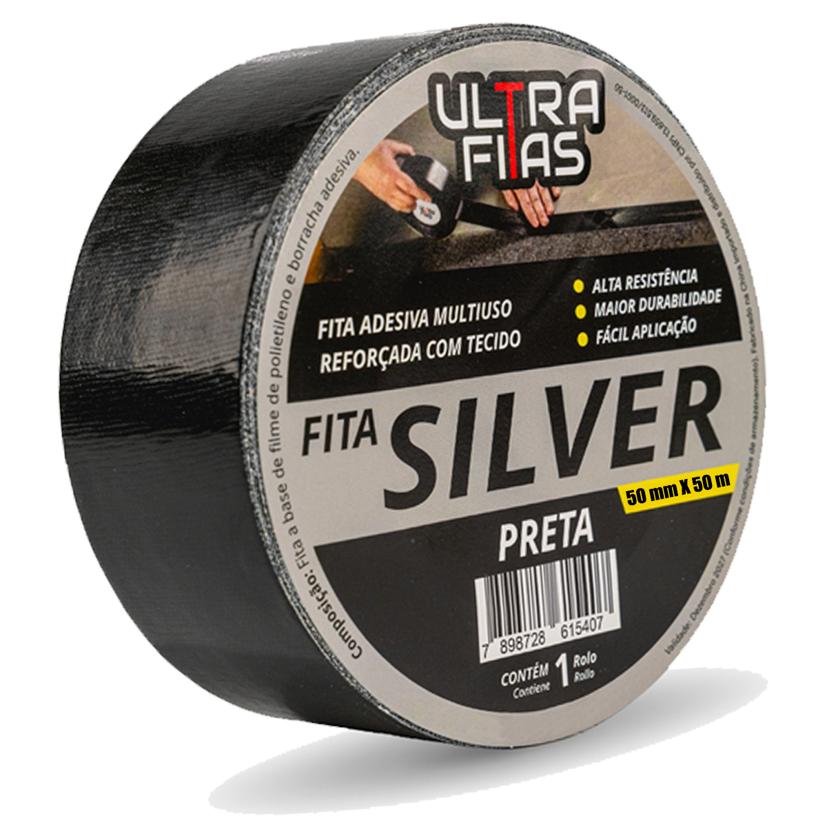 Fita Adesiva Multiuso Silver Tape 50 Mm X 50 Metros - Preta - 1