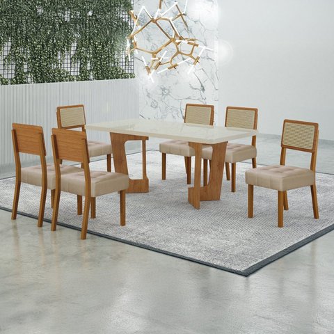 Conjunto Sala de Jantar Mesa 160cm Tampo de 4 cm com 6 Cadeiras Liz Bege/Cinamomo/Off White