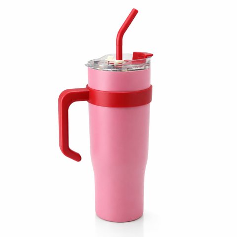 Copo Térmico Ms-958 1200ml Dupla Camada Aço Inox Grande com Canudo e Tampa:Rosa Liso com Vermelho