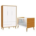 Ver imagem 1 de Jogo de Quarto Infantil Theo Retrô Guarda Roupa 3 Portas e Berço Branco/Savana com Pés Amadeirado