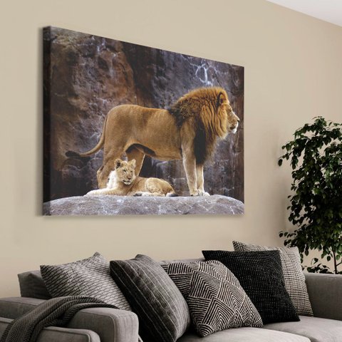 Quadro Decorativo em Canvas Leão e o Filhote TaColado Moldura Flutuante 4,5cm Freijó 120 x 80cm