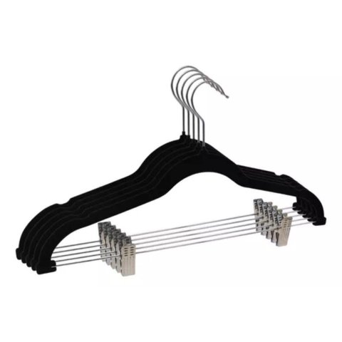 Kit 05 Unidades Cabide Slim Veludo Preto com 10 Presilhas