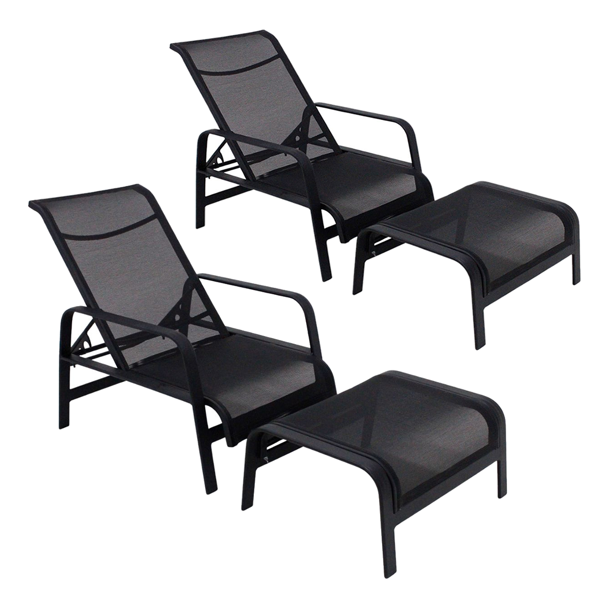 Kit 2 Cadeira Espreguiçadeira Mini Chaise Sling com Pufe para Piscina - Preto