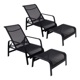 Kit 2 Cadeira Espreguiçadeira Mini Chaise Sling com Pufe para Piscina - Preto - 1