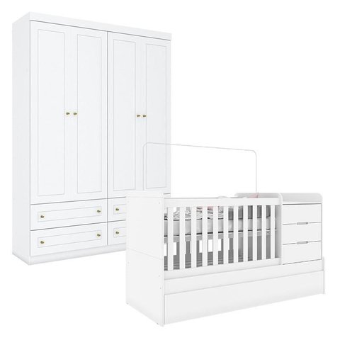 Berço Multifuncional Cleo e Guarda Roupa Infantil 4 Portas Americano Branco Fosco - Carolina