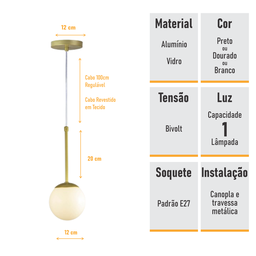Pendente Globo Esfera de Vidro 12cm - Ouro - Vidro Branco - 2527-14-br - 4