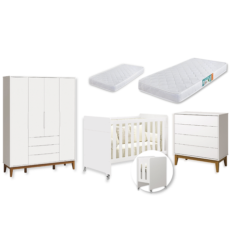 Quarto de Bebê Berço Evolution + Guarda Roupa 4P + Cômoda 4g Elfe Branco 02 Colchões