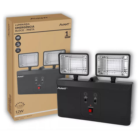 Luminária Bloco Autônomo Luz de Emergência 12w 1200 Lúmens Bivolt Avant Preto