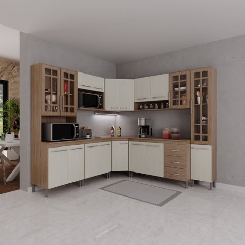 Cozinha Modulada Completa Fidelitá Paris 8 Peças 445cm 18 Portas 3 Gavetas com Tampo