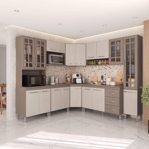 Armário de Cozinha Modulada Completa Fidelitá Paris 8 Peças 445cm 18 Portas 3 Gavetas com Tampo