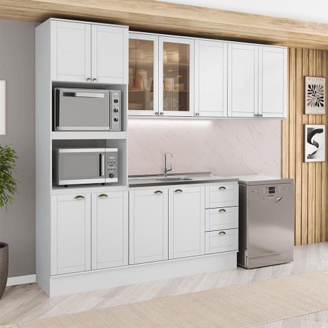 Cozinha Completa com Balcao Milla Aspen 10 Portas MDF 270cm Branco Moveis Carraro