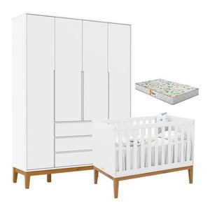 Berço Americano Unique e Guarda Roupa 4 Portas Nature Clean Branco Soft Eco Wood com Colchão Gazin
