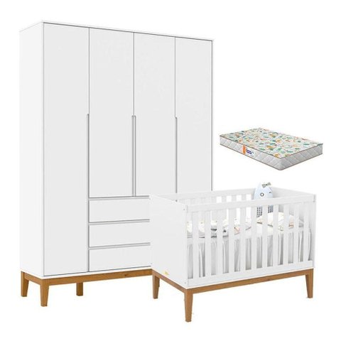 Berço Americano Unique e Guarda Roupa 4 Portas Nature Clean Branco Soft Eco Wood com Colchão Gazin