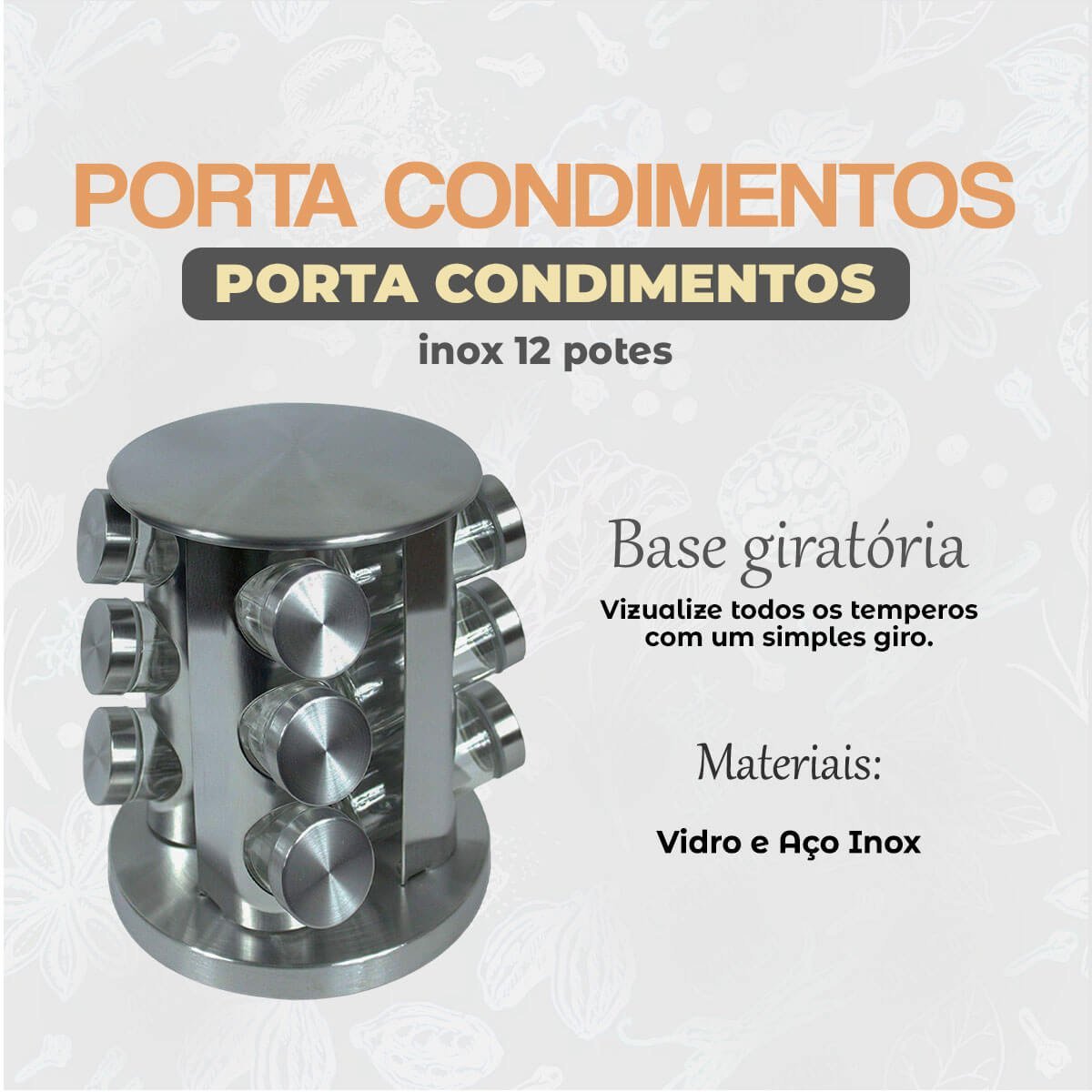 Porta Temperos Giratório 12 Potes Vidro Carrossel Aço Inox - 5