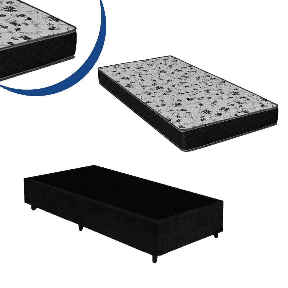 Cama Box Solteiro Colchão Espuma D33 Bordado + Box Preta 56x88x188 - 1