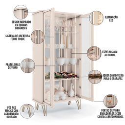 Kit Aparador Buffet Bar Living Santiago Cristaleira Adega Síria e Espelho Ibiza B01 Off White - Lyam - 6