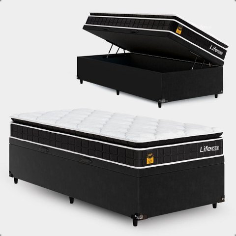 Cama Box Baú Solteiro + Colchão Life D33 Pillow Top 61x88x188cm - Preto - e-Shop Casa
