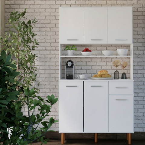 Armário de Cozinha Organizador com Pés Retrô e Bancada 6 Portas  Branco